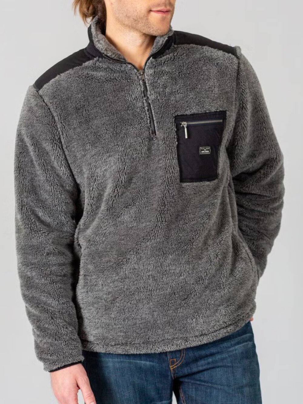 KIMES RANCH Whiskey Fleece 1/4 Zip Pullover Sherpa Cozy Grey Black Men's Large